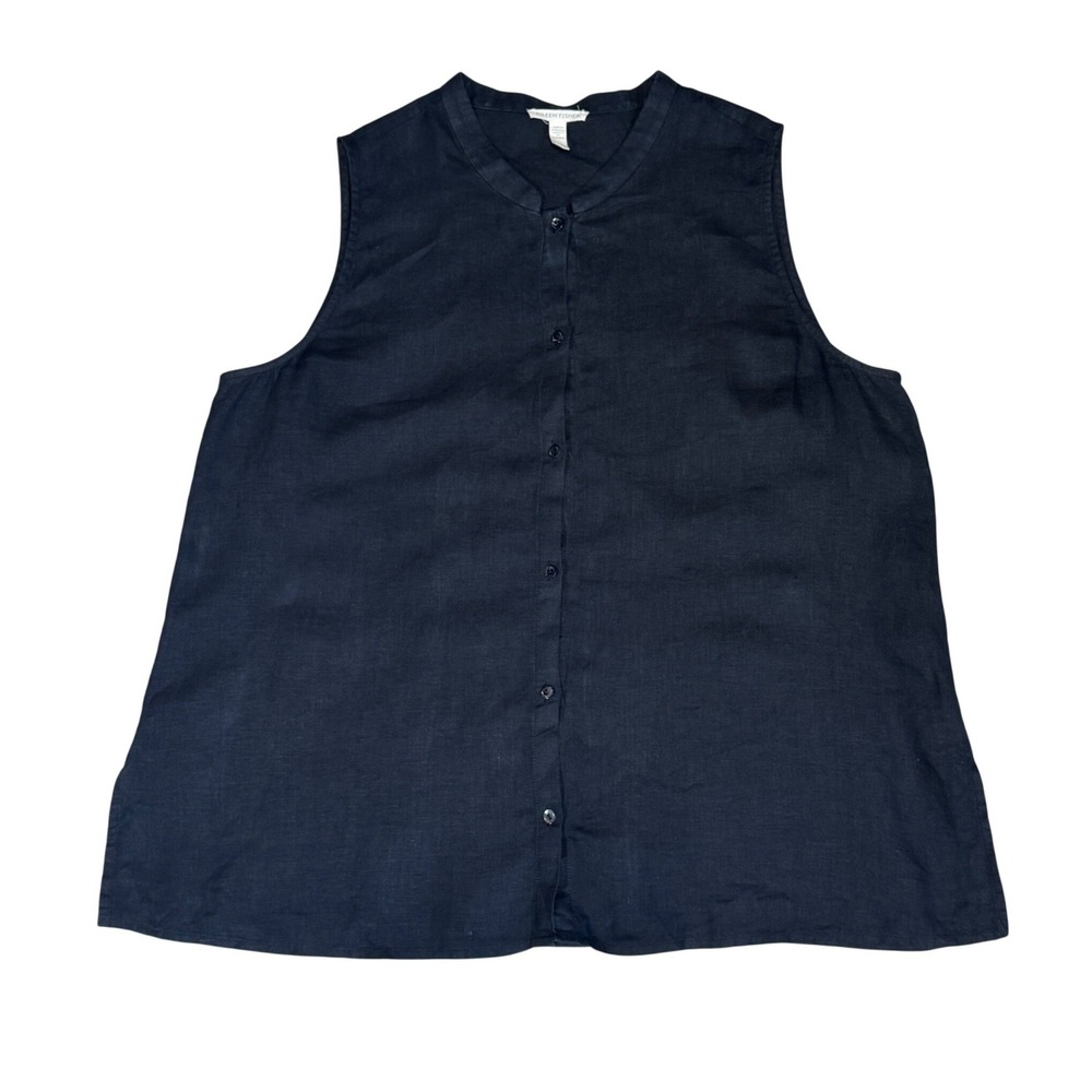Eileen Fisher Navy Blue Linen Sleeveless Button Down Mandarin Collar Top L
